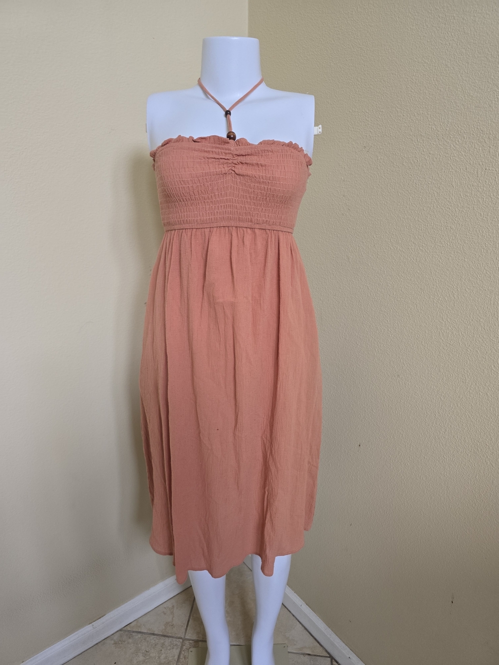 Smocked Strapless Midi Dress in Coral